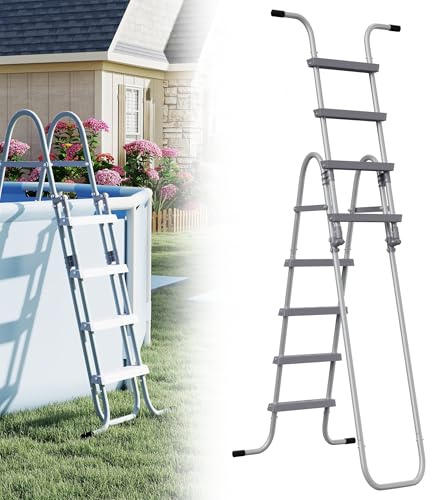 XMTECH 4-Stufige Poolleiter mit Sicherheits-Klappstufe, bis 150 kg belastbar, rutschfest & korrosionsgeschützt, stabile Pool Leiter für Aufstellpool, 160 cm Höhe, Grau