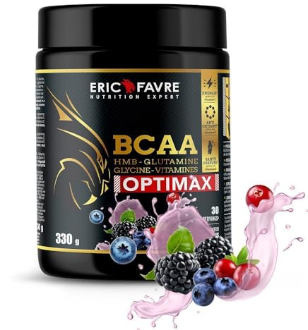 BCAA OPTIMAX 2.1.1 - Essentiel pour la Préparation, Récupération - Entraînements Efficaces, Performances Accentuées - HMB, Glutamine, Glycine, Vitamines - 330g - Saveur Fruits des Bois - Eric Favre