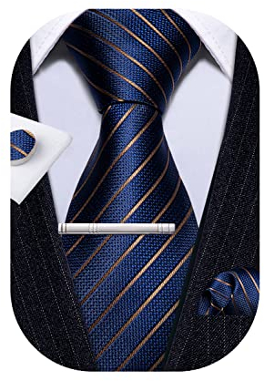 Barry.Wang Cravates bleues formelles définies Homme d'affaires en soie tissée à rayures Boutons de manchette