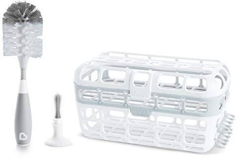 Munchkin Baby Bottle & Small Parts Cleaning Set, Includes High Capacity Dishwasher Basket & Bristle Bottle Brush, Grey