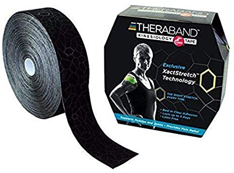 TheraBand Kinesiologie-Tape, Massenrolle, wasserdichtes Physio-Tape zur Schmerzlinderung, Muskel- und Gelenkunterstützung, Rolle mit Anwendungsindikatoren für Sportler, 5 cm x 31,4 cm, Schwarz/Schwarz