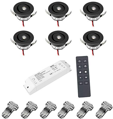 VBLED© 6er-Set 3W LED Mini Einbauspot -OCULOS Minispot 3000K mit 12VDC Funk Netzteil und Fernbedienung Silber - Schwenkbar - Schwarz