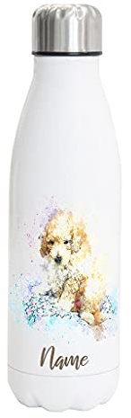 Tierisch-tolle Geschenke PUDEL Hundemotiv Edelstahl Thermosflasche/Trinkflasche 750 ml mit Wunschnamen oder Text personalisiert (Pudel watercolour)