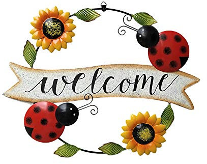 NIUXICH, cartello di benvenuto da appendere in ferro da stiro, girasole scarabeo, cartello di benvenuto, decorazione da parete per la porta d'ingresso, per interni ed esterni, casa giardino
