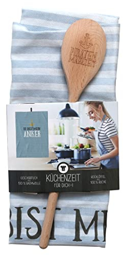 Dekohelden24 Geschenkset - Geschirrtuch aus 100% Baumwolle und Kochlöffel aus Buchenholz mit Spruch -, Motiv: Piraten Mahlzeit.