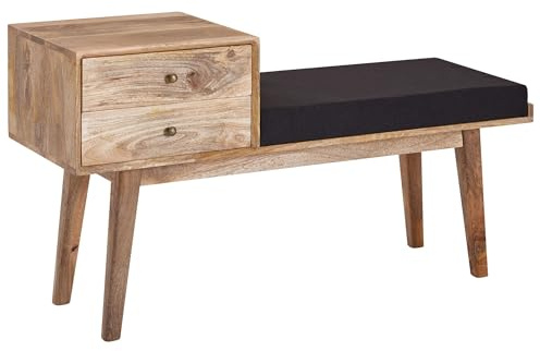 FineBuy Sitzbank 120x40x65 cm Massivholz Stoff mit Schublade | gepolsterte Polsterbank im Retro Stil mit Stauraum, Garderobenbank bis 120 kg, für Flur und Schlafzimmer
