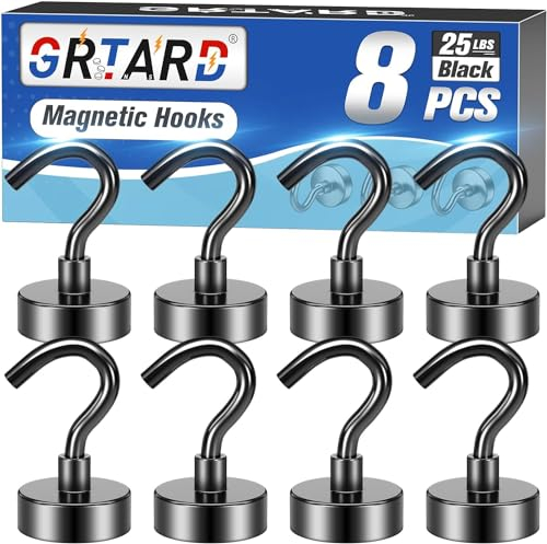 Grtard 8er-Pack schwarze Magnethaken, strapazierfähig, Neodym-Magnethaken für Kreuzfahrten, starke Magnethake zum Aufhängen, Magnete mit Haken für Zuhause, Küche, Arbeitsplatz, Büro