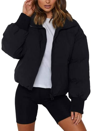 Sukany Women's Winter Casual Padded Full Zip Stand Collar Long Sleeve Puffer Jackets Coat Short Down Warm Quilted Jacket Black L