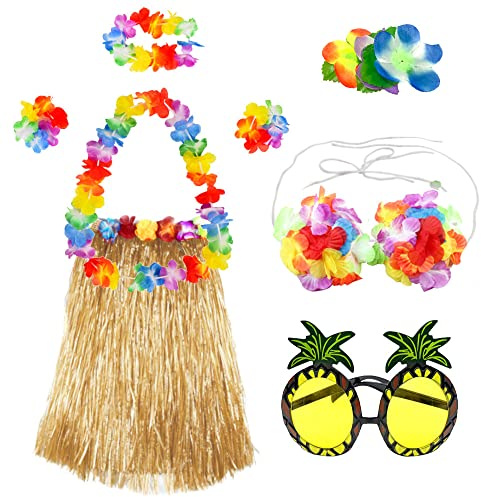 Dtoterul Kostüm Hawaii Damen 8 Stück Hawaii Hula Set Grasrock Hawaiian Hula Gras Röcke Hawaiian Hawaiian Gras Hula Rock Hawaii Mottoparty Kostüme mit für Ananas Sonnenbrille Erwachsene Unisex