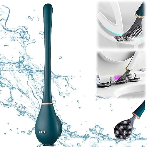 Brosse WC flexible, en silicone, avec tête plate et flexible, moderne, pour montage mural, sans perçage, avec support de séchage rapide (bleu)