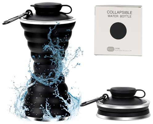 TAIANJI botella de agua plegable, 500 ml, taza de viaje sin olor, con mosquetón, color negro