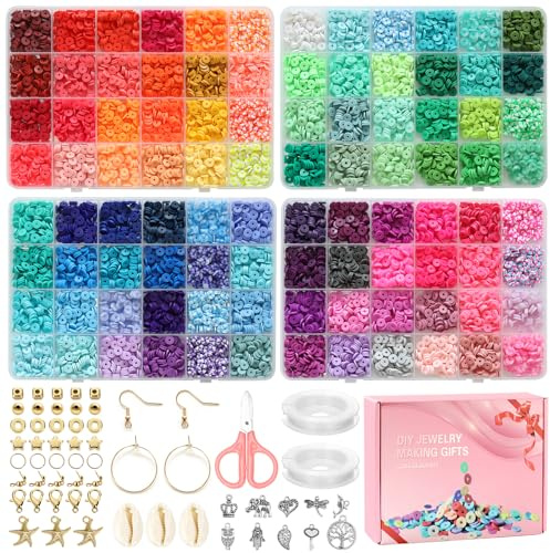 Soleebee 9600 Stück Clay Perlen Auffädeln Set, 96 Farben 6mm Clay Flach Heishi Perlen mit Goldene Perlen und Anhänger Basteln für Armbänder Halsketten Ring Schmuck Selber zu Machen Charms Kit