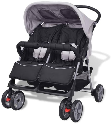Homgoday Cochecito gemelar de Aiaio gris y negro, muebles para casa, interior, exterior, sala de estar, dormitorio