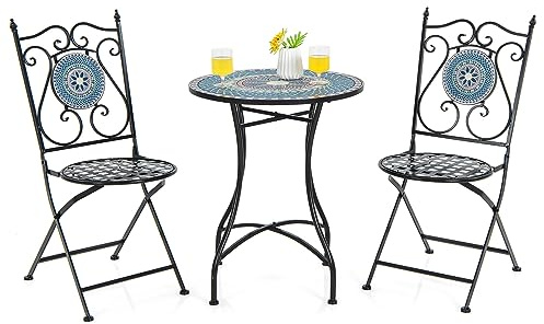 COSTWAY Ensemble Bistrot pour Patio 3 Pièces en Métal à Motif Mosaïque, Salle à Manger avec Table Ronde et 2 Chaises Pliantes, Ensemble Salon de Jardin pour Intérieur Extérieur (Bleu)