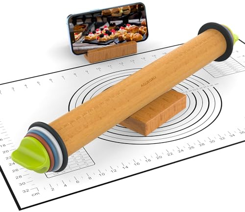 Aguegro Mattarello con anelli di spessore regolabili e tappetino da pasticceria spessore impasto per cottura, fondente, pizza, torta, biscotti, pasticcini, 34,5 cm con 4 anelli di spessore multicolore