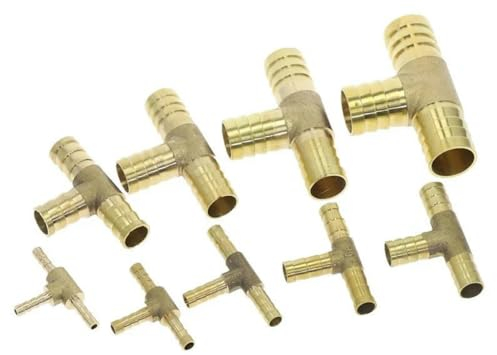T-Stück-Anschluss, T-förmiges Messing-T-Stück, Schlauchanschluss, T-Stück 4 mm, 6 mm, 8 mm, 10 mm, 12 mm, 16 mm, 3-Wege-Schlauchrohr, Widerhaken, Messing, Widerhaken, Verbindungsstück-Adapter, Außendu