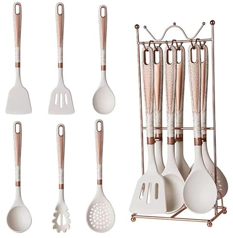 Utensili da cucina in silicone, set di gadget da cucina da 7 pezzi con ripiano in acciaio inossidabile rivestito in rame, utensili da cucina con manico in silicone facile da pulire/618