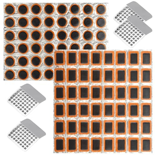 100-teiliges Fahrradschlauch-Flickzeugset – 96-teiliges, klebefreies Fahrradreifen-Reparaturflickzeug und 4 Metallfeilen zum Abziehen von Reifenpannen, Reparaturset für leichte Fahrräder, Roller