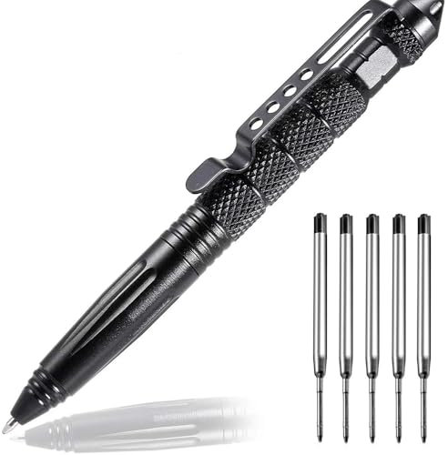miaomiao Tactical Pen, Taktischer Kugelschreiber mit 5 Tinten Nachfüllungen, Outdoor Selbstverteidigungs Stift, Wolframstahl Glasbrecher Stift für Schreiben, Emergent Tool und Geschenk - Schwarz