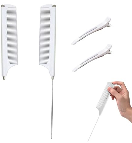 GUTERTOP Styling Kamm mit Stiel, Stielkamm Friseur, Strähnenkammmit 2 Haarklammer für Frauen Zurückkämmen Haarwurzeln Toupieren Antistatischer (Weiß)