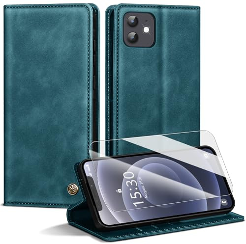 Handyhülle für iPhone 12/12 Pro Hülle,Premium Lederhülle für iPhone 12 Pro [Mit 1 Stück Panzer Schutz Glas] Magnet Kartenfach Klapphülle Schutzhülle für iPhone 12,BlauGrün