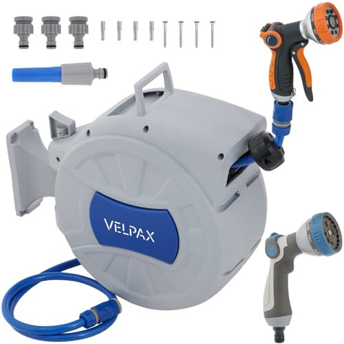 VELPAX Retractable Hose Reel Wall Mounted,30m Garden Hose Pipe Reel,with 8 Adjustable Spray Gun Nozzles,180° Pivot Swivelling,Outdoor Flexible Hose Reel Set for Garden Patios and Balconies