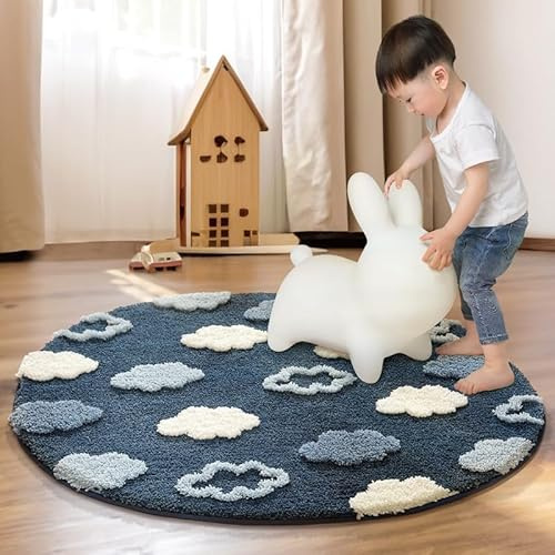 Poowe Kinder-Spielmatte, rund, pädagogisches Alphabet, weich, rutschfest, für Kinder, Kleinkinder, Schlafzimmer (rund, 100 cm, marineblaue Wolken)