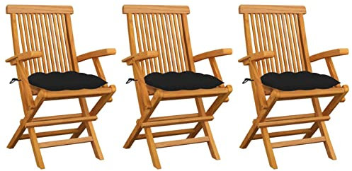 Xichuzi Gartenstühle mit Schwarzen Kissen, Gartenmöbel, Balkonstühle, Hochlehner, Balkonmöbel, Bistrostuhl, Garten Stühle, Sit Möbel, Armlehnenstuhl, 3 STK. Massivholz Teak
