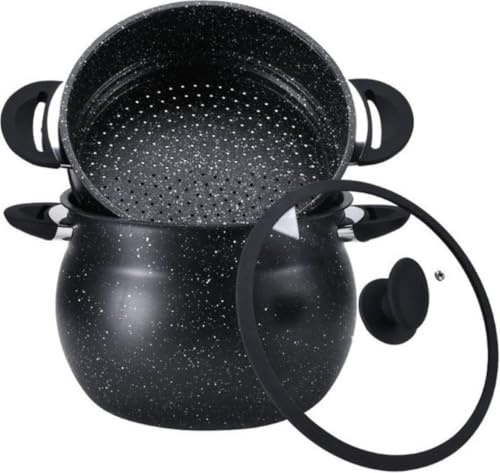 Royal Swiss® Couscous- & Dampf-Topf 12 L – Aluminium mit Stone-Beschichtung – Für alle Herdarten inkl. Induktion – Glasdeckel mit Dampfauslass – Schwarz (12L)