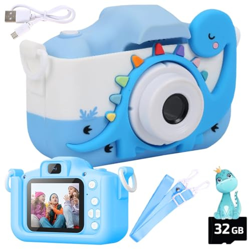 Wembley Kids Camera for Boys & Girls 3–8 Years | Digital Camera for Kids 1080P Selfie Video | Toddler Camera Rechargeable with Games | 32GB Card | Silicone Cover | Dinosaur Birthday Gift - Blue