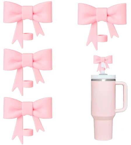4 Pcs Pink Bow Straw Covers Cap Toppers for Stanley Cup, 8-10mm Tips Lids Silicone Accessories, Cute Dust-Proof Reusable(Pink)