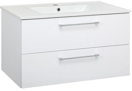 VBChome Badezimmer Set 81x46x47 cm Weiß mit Keramikwaschbecken und Hängeschrank mit 2 Schubladen