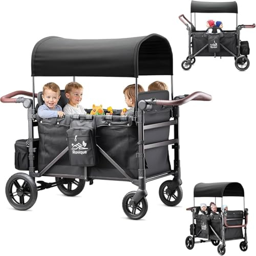 Bollerwagen faltbar mit Dach 4 Kinder,Handwagen faltbar Kinderwagen Baby Bollerwagen mit Dach,abnehmbarem Tablett,5-Punkt-Gurt,verstellbarem Griff,hohem Sitz und großem Stauraum, Schwarz