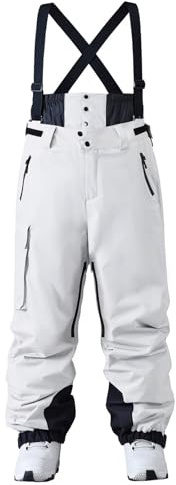HOTIAN Pantalones de esquí para hombre, pantalones con tirantes, impermeables, resistentes al viento, pantalones de snowboard, pantalones de peto de invierno cálidos para la nieve, Blanco, L