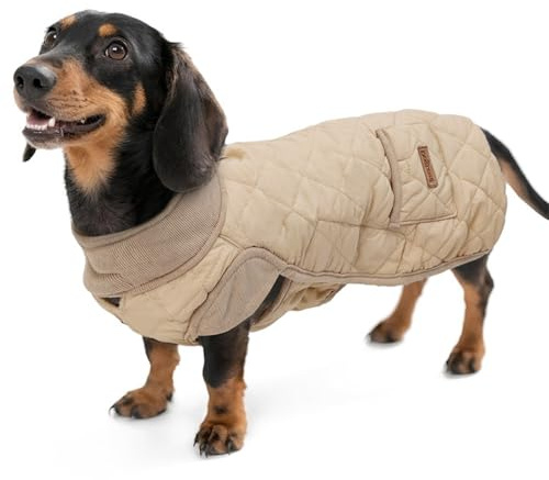 Duuclume Langkörper Dackel-Hundemantel, warm, winddicht, wasserdicht, Haustier-Overall für draußen, verstellbare Hundeweste mit Tasche und Loch für die Leine (Beige, M)
