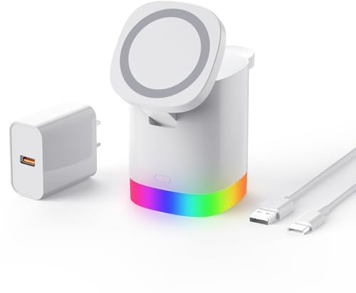 JoyGeek Ladegerät mit 4 RBG Nachtlicht, Faltbare 3 in 1 Kabellose Ladestation für iPhone 16/15/14/13/12 Serie, Wireless Charger für iWatch 10-2, Air-Pods 4/3/2/Pro, Weiß