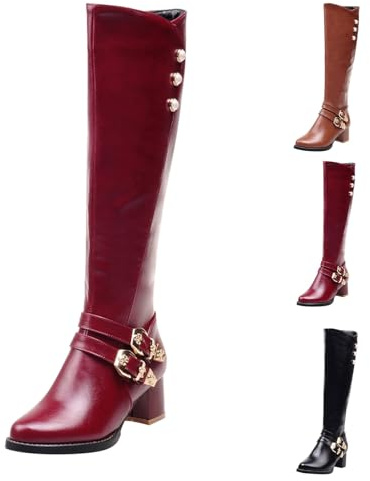 Stivali da donna in pelle stivaletti polpaccio alla moda vintage stivali alti per feste, stivaletti larghi antiscivolo comodi eleganti scarpe con fibbia per l'inverno autunno primavera, rosso, 39 EU