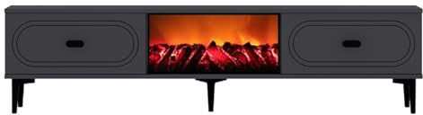 CONCEPTO FÁBRICA | Mueble TV FYRA 150 cm gris antracita y negro con chimenea LED decorativa | Fijación de pared o patas | 2 armarios abatibles | Ambiente acogedor sin calefacción | Diseño