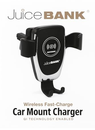 JuiceBANK Wireless Car Charger 10W – Fast Auto-Clamp Mount for Air Vent or Dashboard – Smart Sensor, Qi Compatible for iPhone & Samsung Smartphones