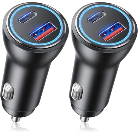 Caricabatterie da auto 2Pack, 2 porte di ricarica rapida USB C PD&QC3.0 48W Tutto Metallo presa accendisigari per iPhone iPad Samsung Huawei Xiaomi Tablet ecc