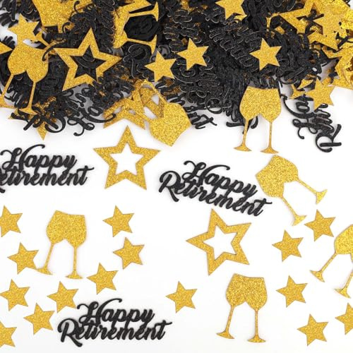 200pcs Happy Retirement Confetti, Black & Gold Table Confetti for Retirement Party Decorations Glitter Star Table Scatter for Office Farewell Party Celebration Decor Men Gifts Cake Centerpieces