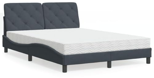 QUAHEAS Mörkgrå sammetssäng med madrass, 140 x 190 cm, vågdesign, furu, komfort-skummadrass H2/H3, modern sovrumssäng
