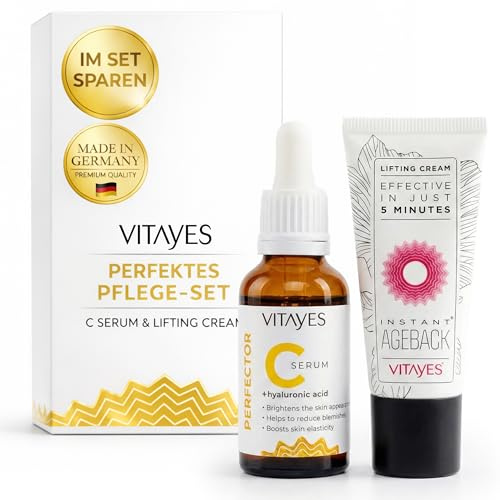 VITAYES Skincare Set Vegan - Instant Ageback 15 ml - Perfector Vitamin C Serum Mit Hyaluronsäure 30 ml - Anti Aging Gesichtspflege Routine - für Sichtbar Gepflegte Haut - für alle Hauttypen