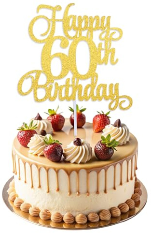 ZEYIYER 60th Cake Topper, Gold 60th Happy Birthday Cake Decorations for Women, Glitter Sixty Years Old Cakes Pick for Men, Party Supplies, Birthdays Decoration