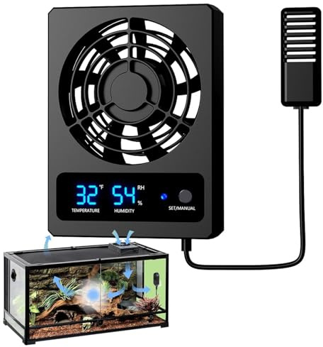Reptilfläkt med temperaturmätare – LED-display fuktighetstermometer, stark vindventilationsfläkt, digital klimatmonitor med lågt ljud | Vivarium Terrarium