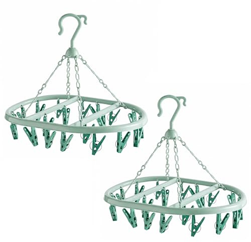 Lizzy 2 Pack 20 Peg Hanging Clothes Airer Circular Laundry Dryer Rack Plastic Sock Underwear Drying Hanger Windproof Indoor Outdoor Space Saving Clothes Drying Rack - Green