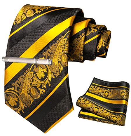JEMYGINS Cravate Homme Jaune en Soie Rayures et Impression Mariage et Pinces à cravate et Carre de poche Ensemble Compris boîte(3)
