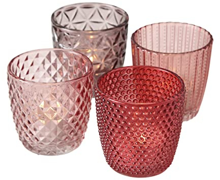 Boltze Marilu 1017892 Lot de 4 photophores décoratifs pour Bougies/Bougies Chauffe-Plat, différents Motifs, Forme Ronde, Violet/Rose