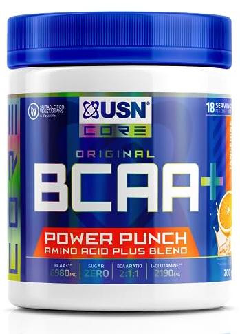 USN Power Punch BCAA Amino Acids Powder, Tangerine Flavour - 200g, Vegan BCAA Powder, Vitamin B6 & No Sugar, Pre Workout or Intra Workout Energy Drink Mix & Dietary Supplement to Maximise Performance