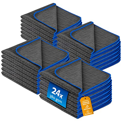 Carbigo® Profi Mikrofasertücher mit 380 GSM – Extrem saugstark & lackschonend dank weicher Mikrofaser – Fusselfreie Poliertücher zur Reinigung von Auto und Motorrad – Mikrofasertücher Auto 40x40cm(24)